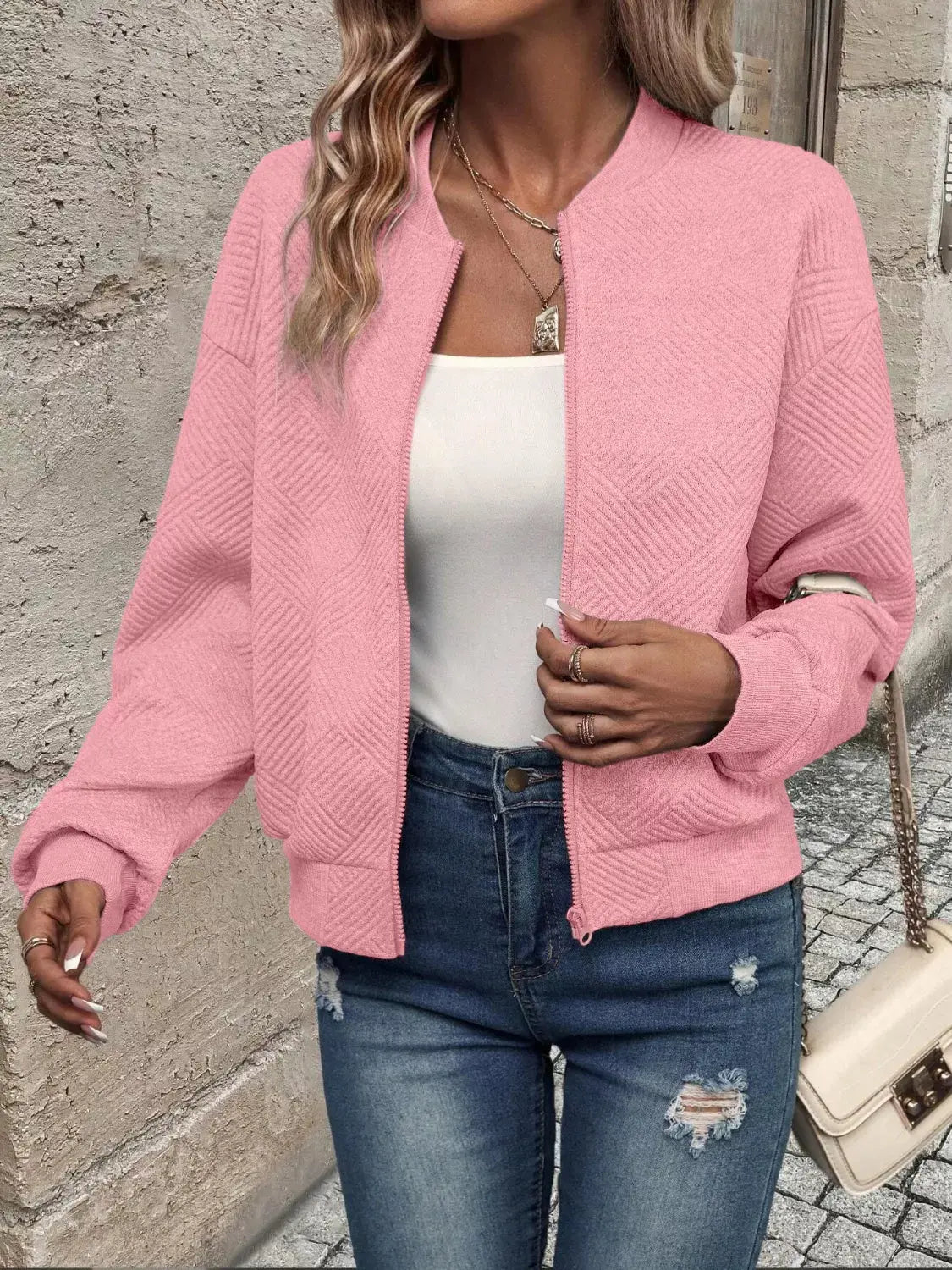 Texture Zip Up Bomber Jacket