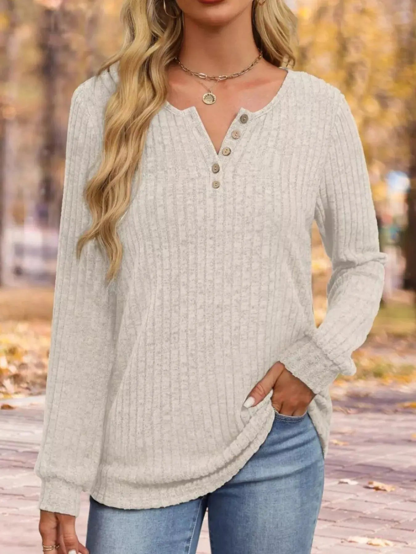 Ribbed Knit Button Front Long Sleeve T Shirt