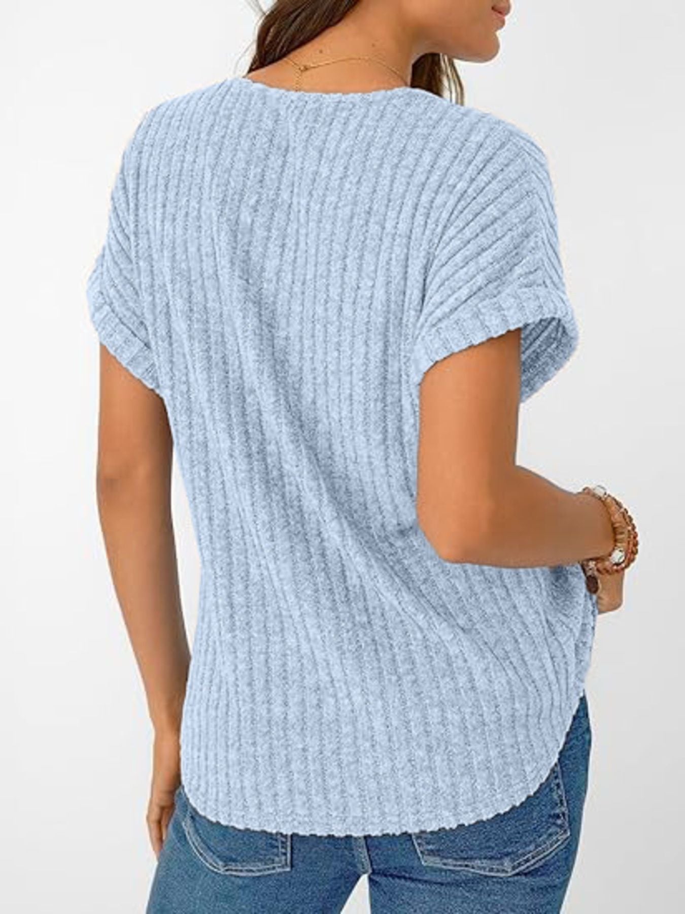 Ribbed Knit V Neck Relaxed Fit T Shirt