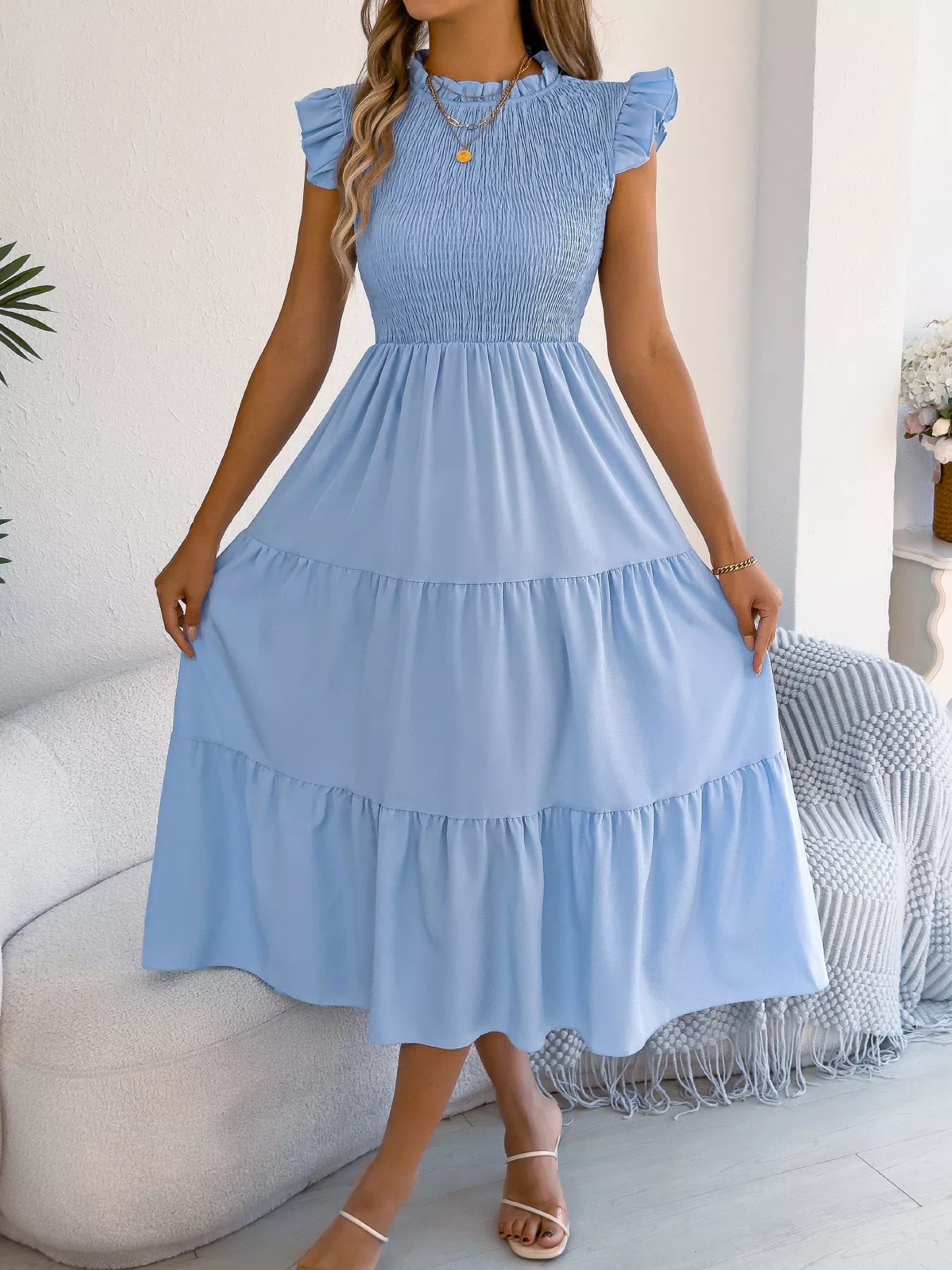 Women's Smocked Ruffle Midi Dress – Casual A-Line Cap Sleeve