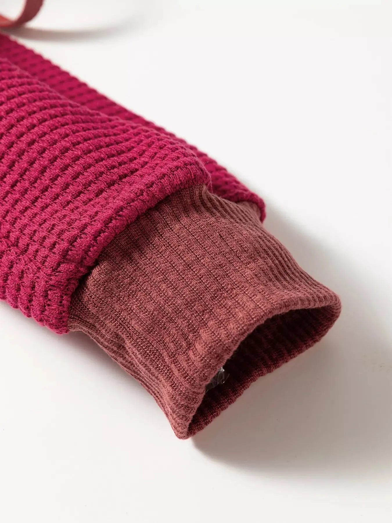 Cozy Contrast Waffle Knit Henley Sweatshirt with Button Detail