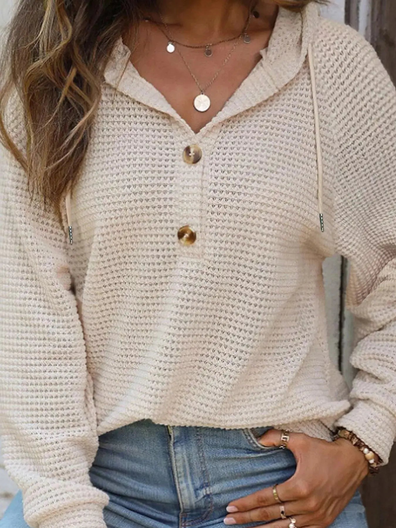 Casual Button Detail Waffle Knit Hoodie
