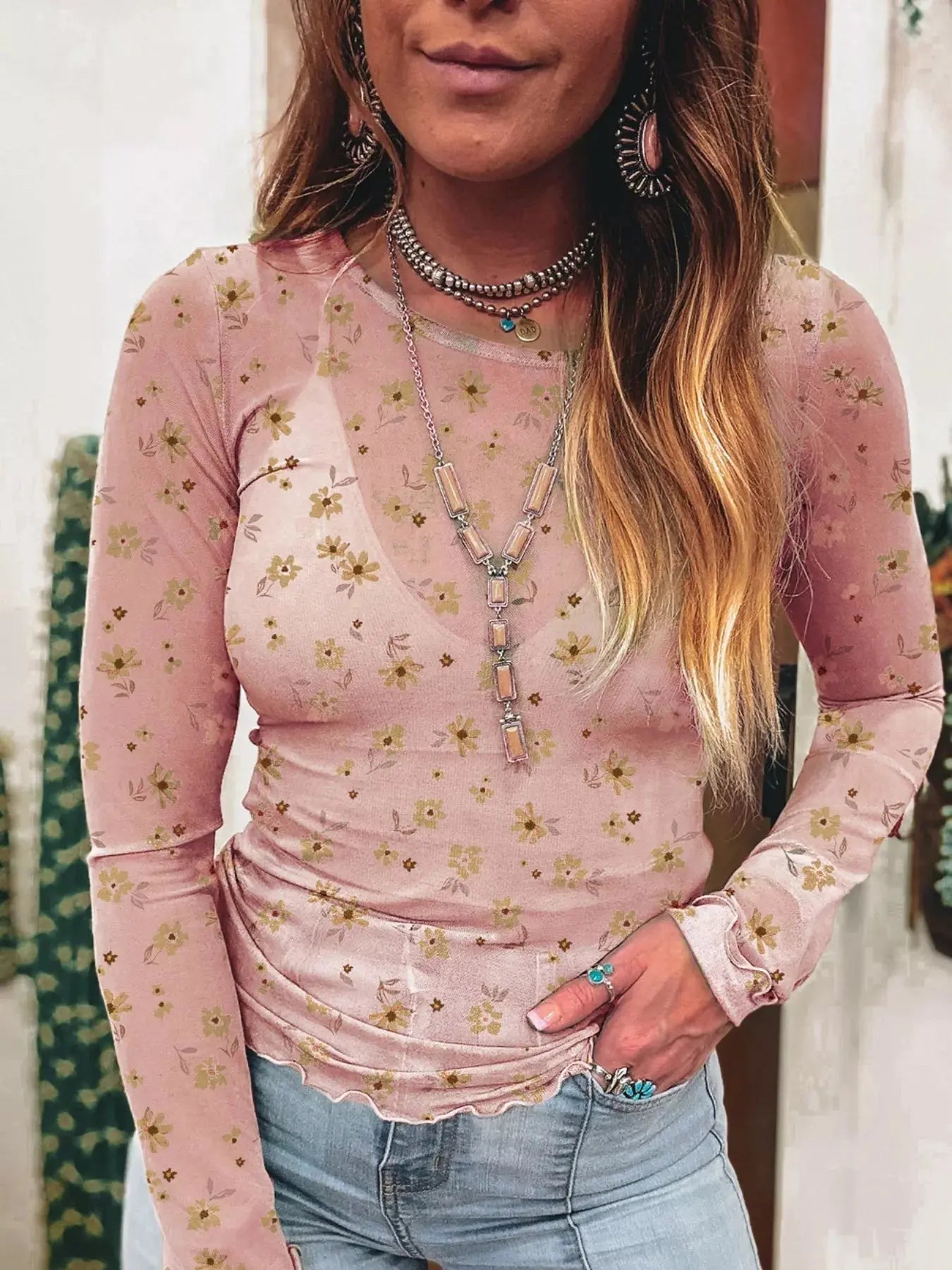 Floral Print Mesh Long Sleeve Top