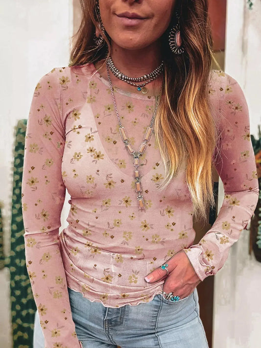 Floral Print Mesh Long Sleeve Top