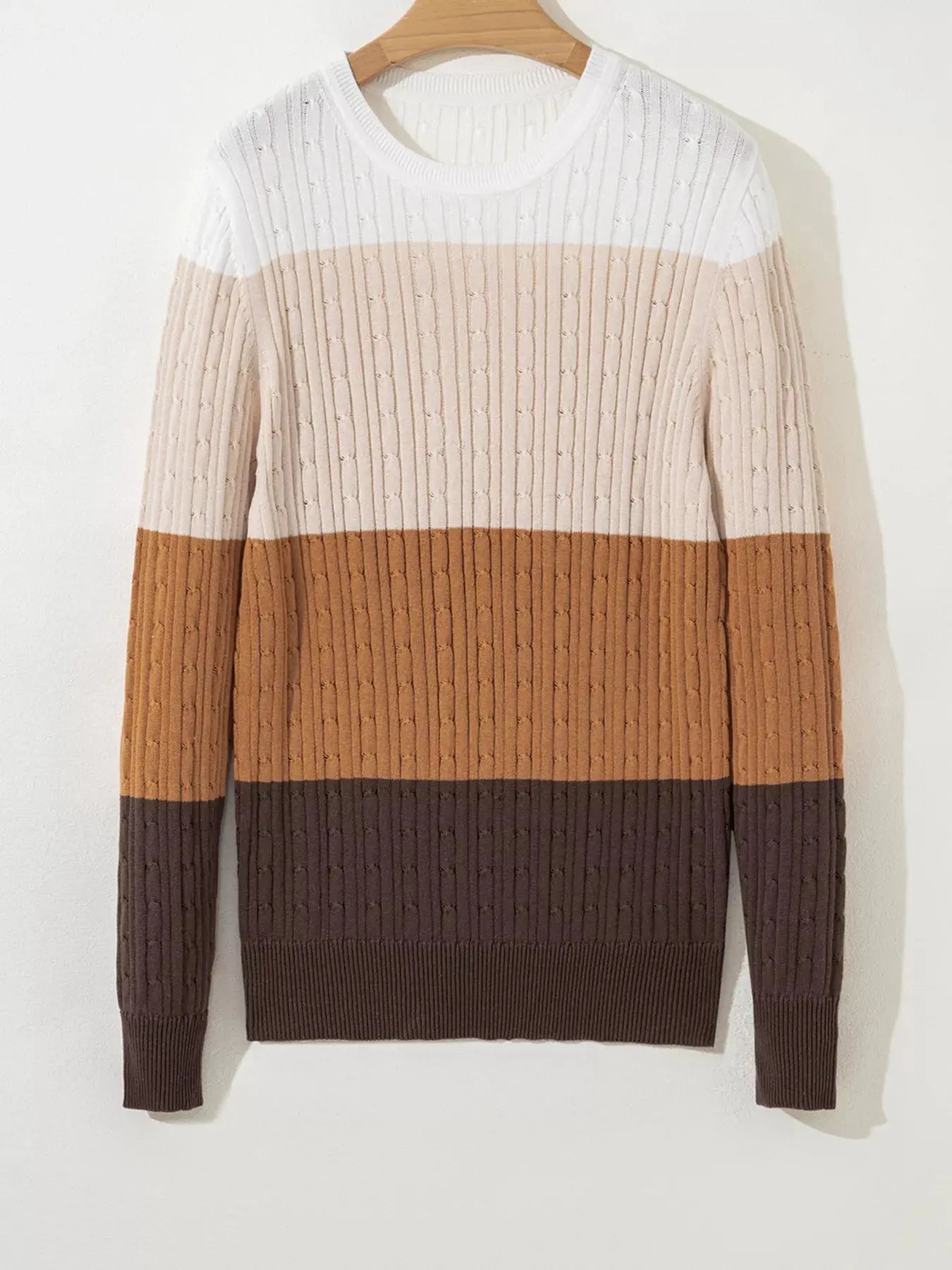 Colorblock Round Neck Cable Knit Sweater