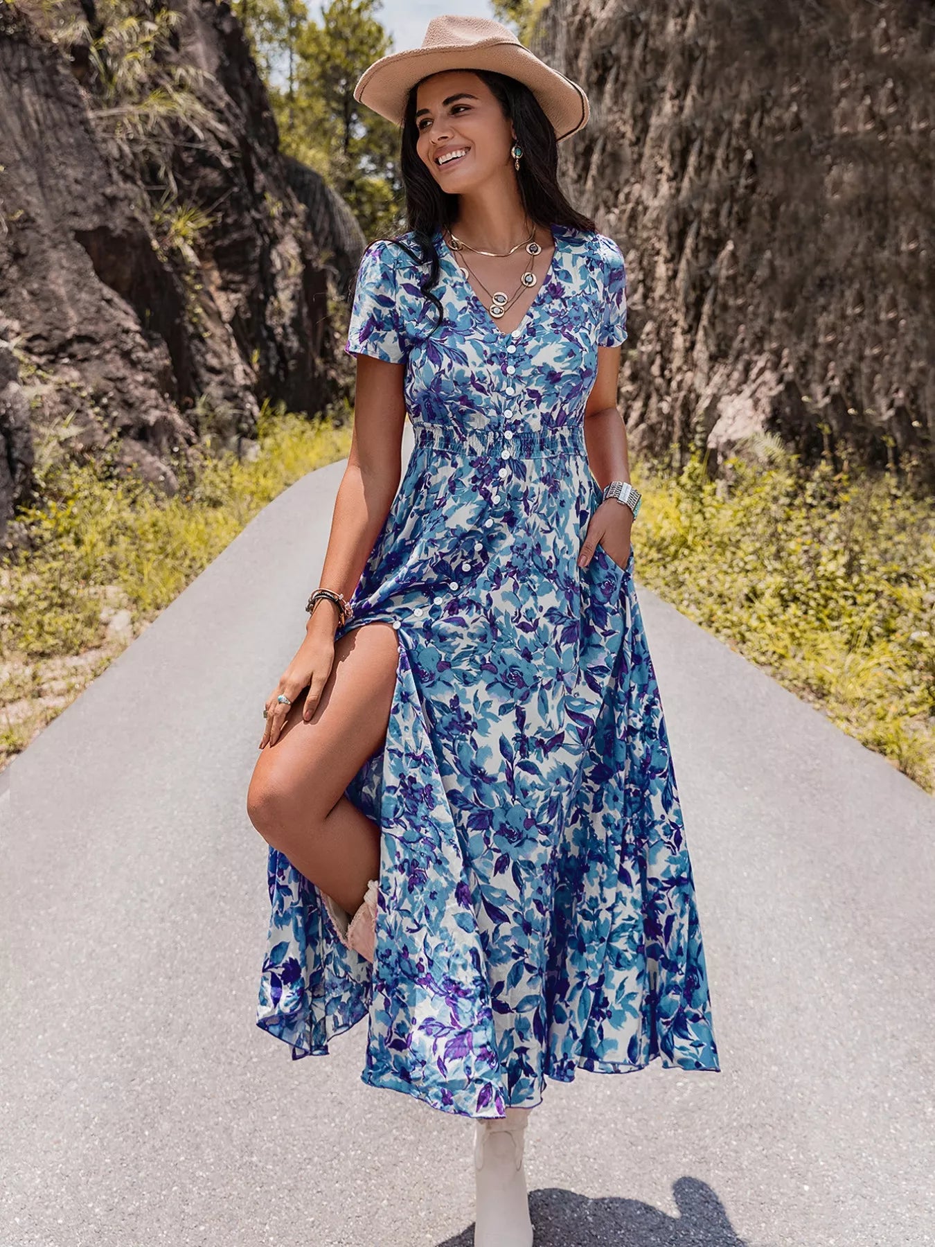 Floral Print Slit Front V Neck Midi Dress