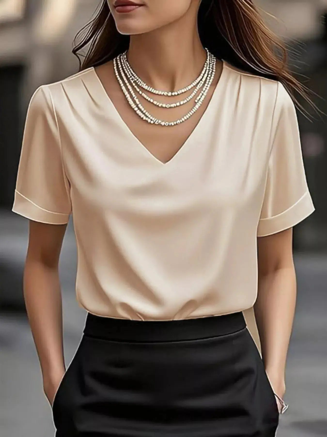 V-Neck Short Sleeve Satin Blouse