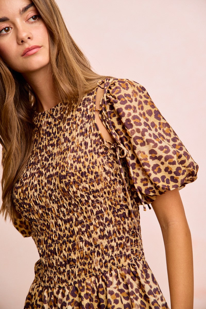 Leopard Print Dress With Attachable Puff Sleeves