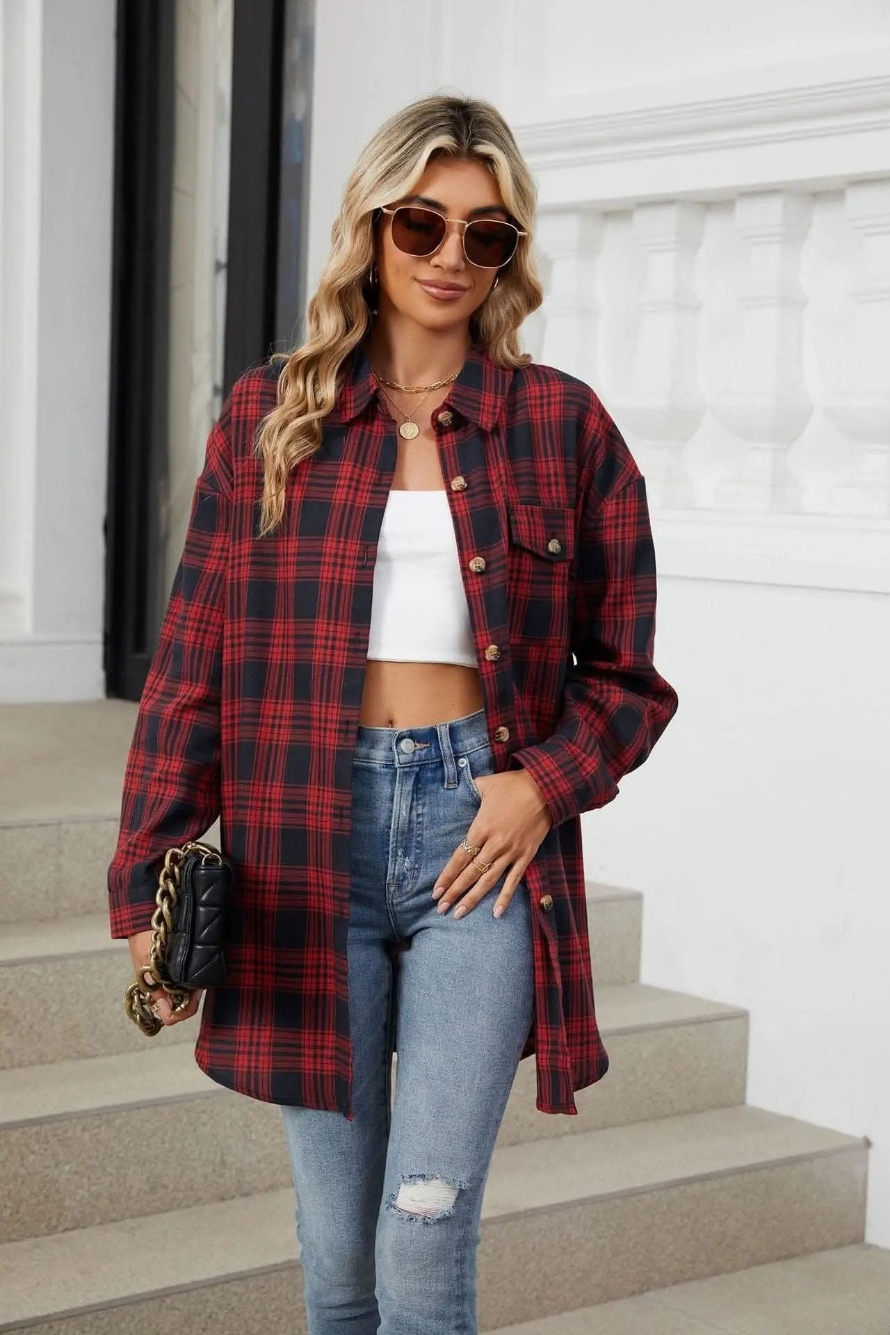 Trendsi Plaid Collared Shirt Long Sleeve — Casual Dusty Pink