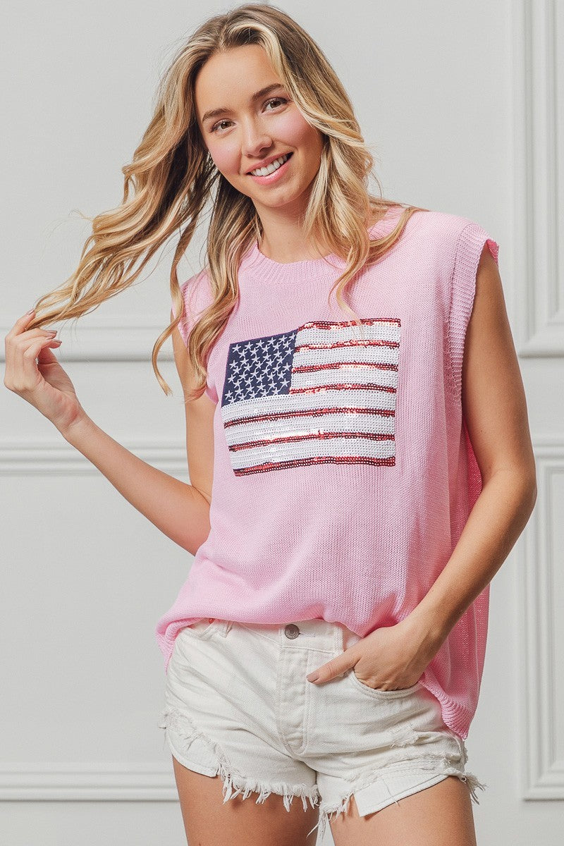 American Flag Sequins Patch Sleeveless Pink Knit Top