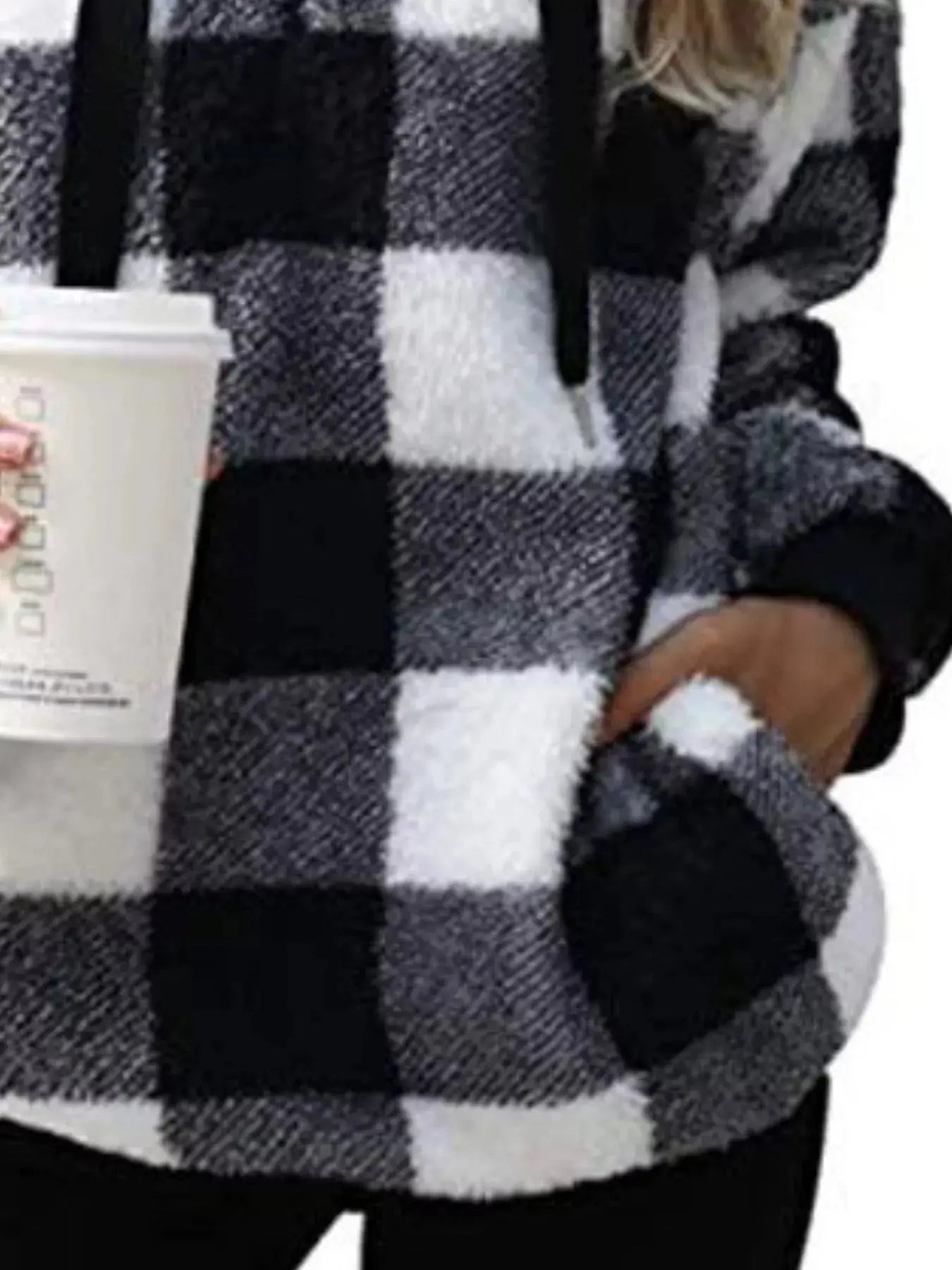 Plus Size Plaid Drawstring Sherpa Hoodie