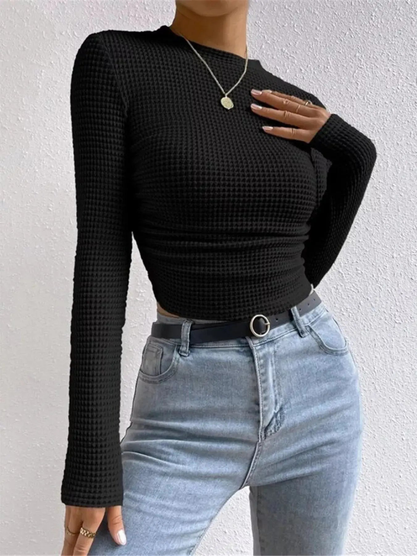 Waffle Knit Long Sleeve T Shirt