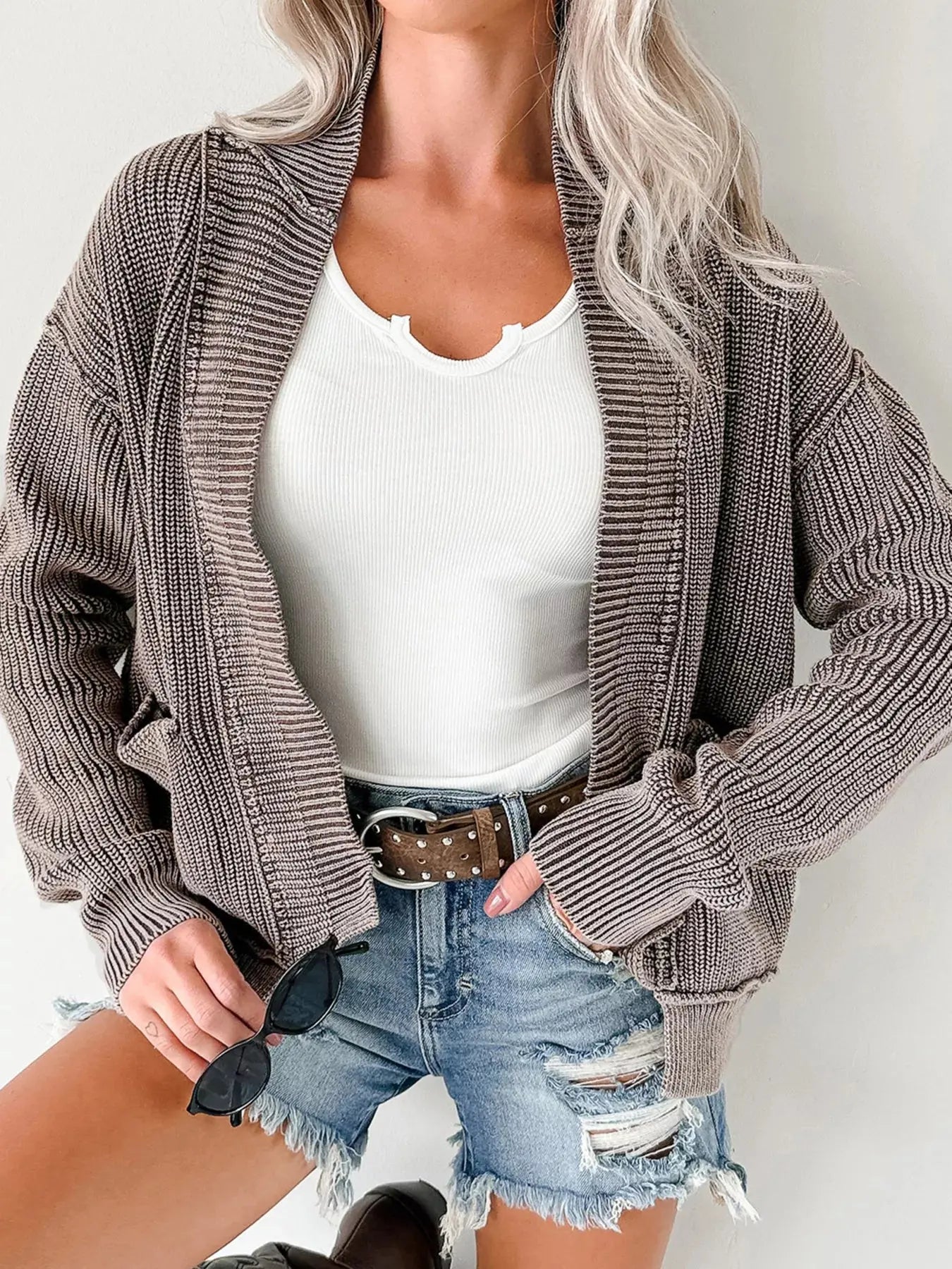 Mineral Wash Exposed Seam Patchwork Open Knit Cardigan