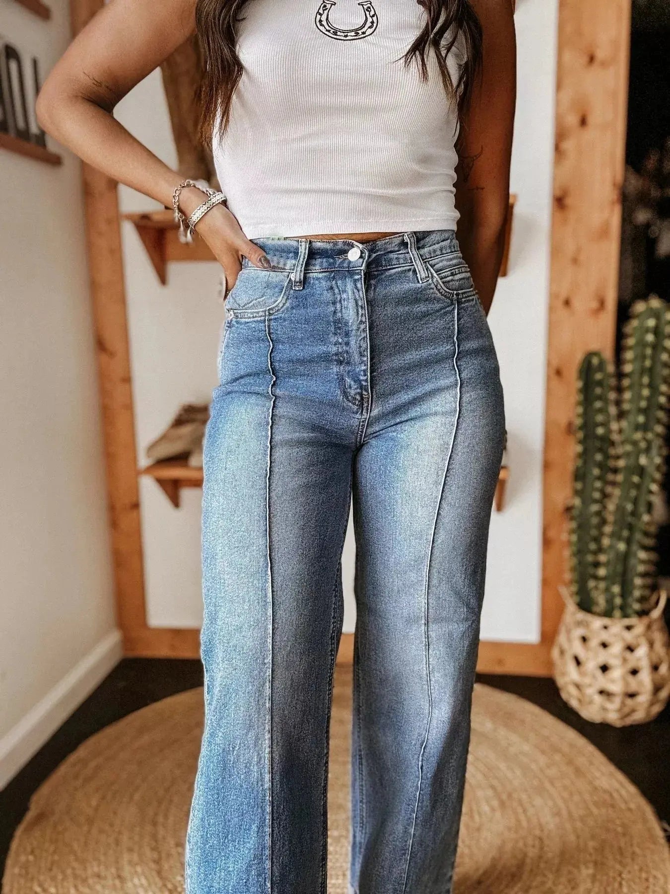 High Waisted Wide Leg Cuffed Jeans