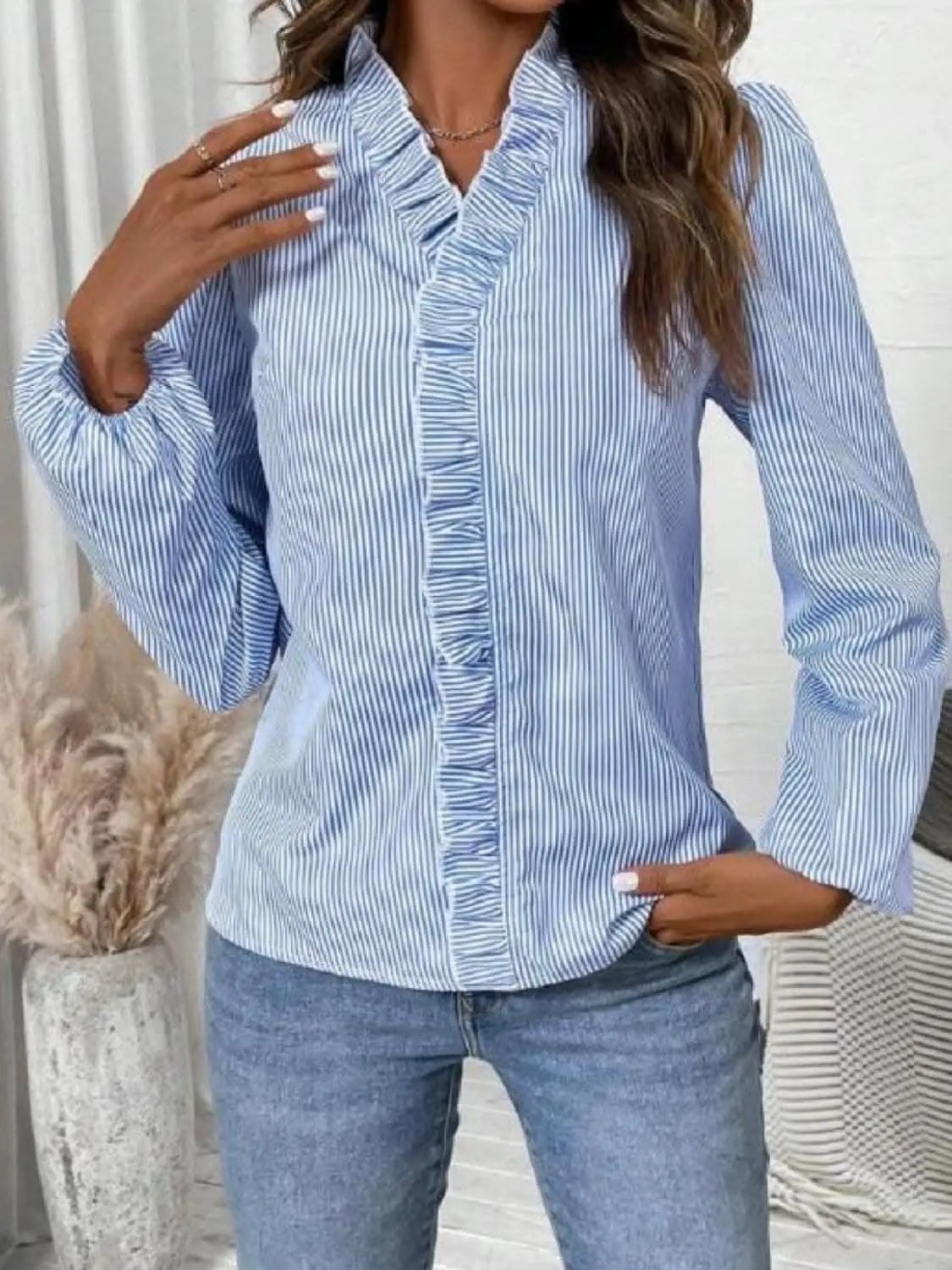 T-Shirts Trendsi Shirts - Frilly striped v-neck blouse - Premium Quality