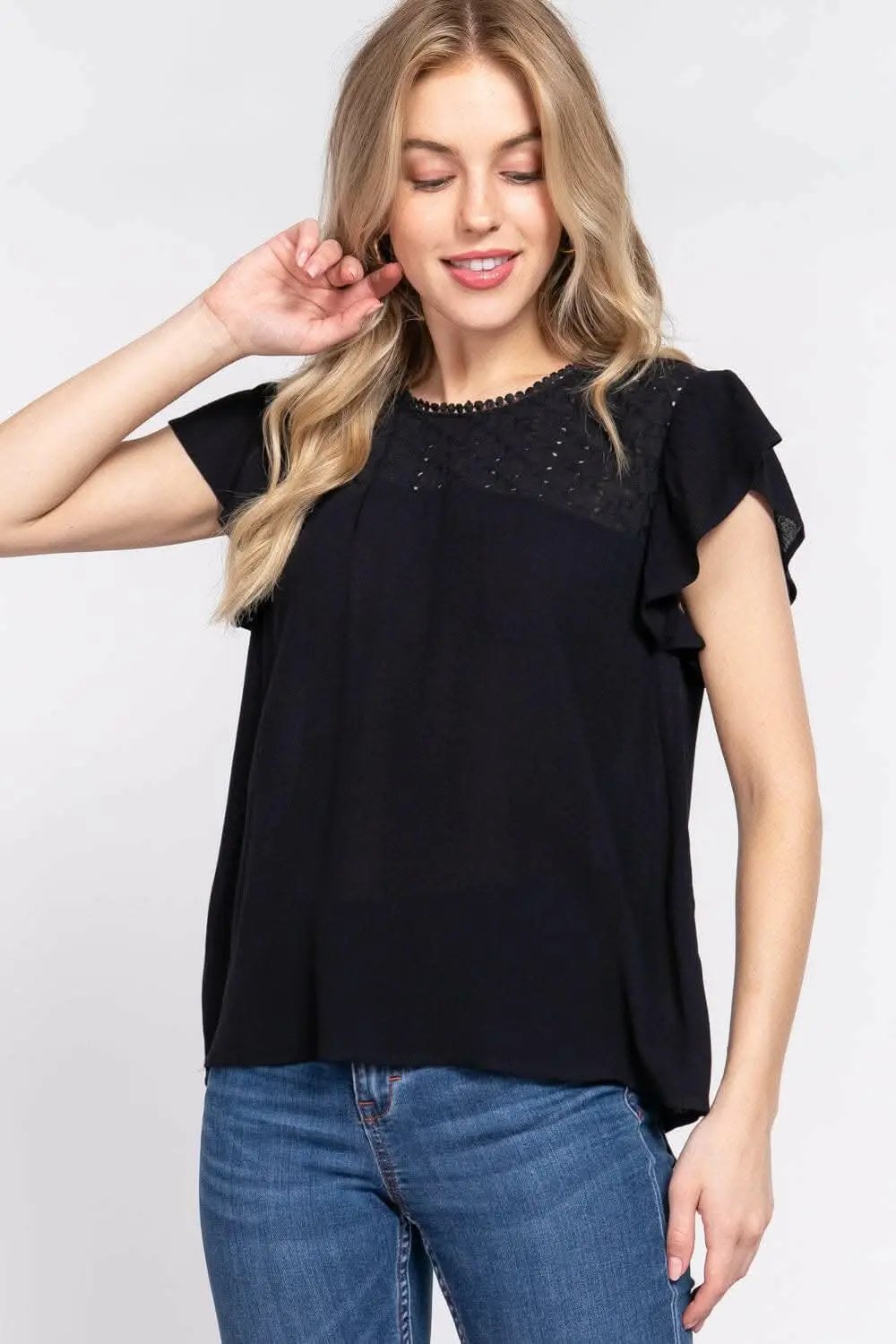 Trendsi Crochet Blouse Ruffle Short Sleeve — Women's Active Casual Top