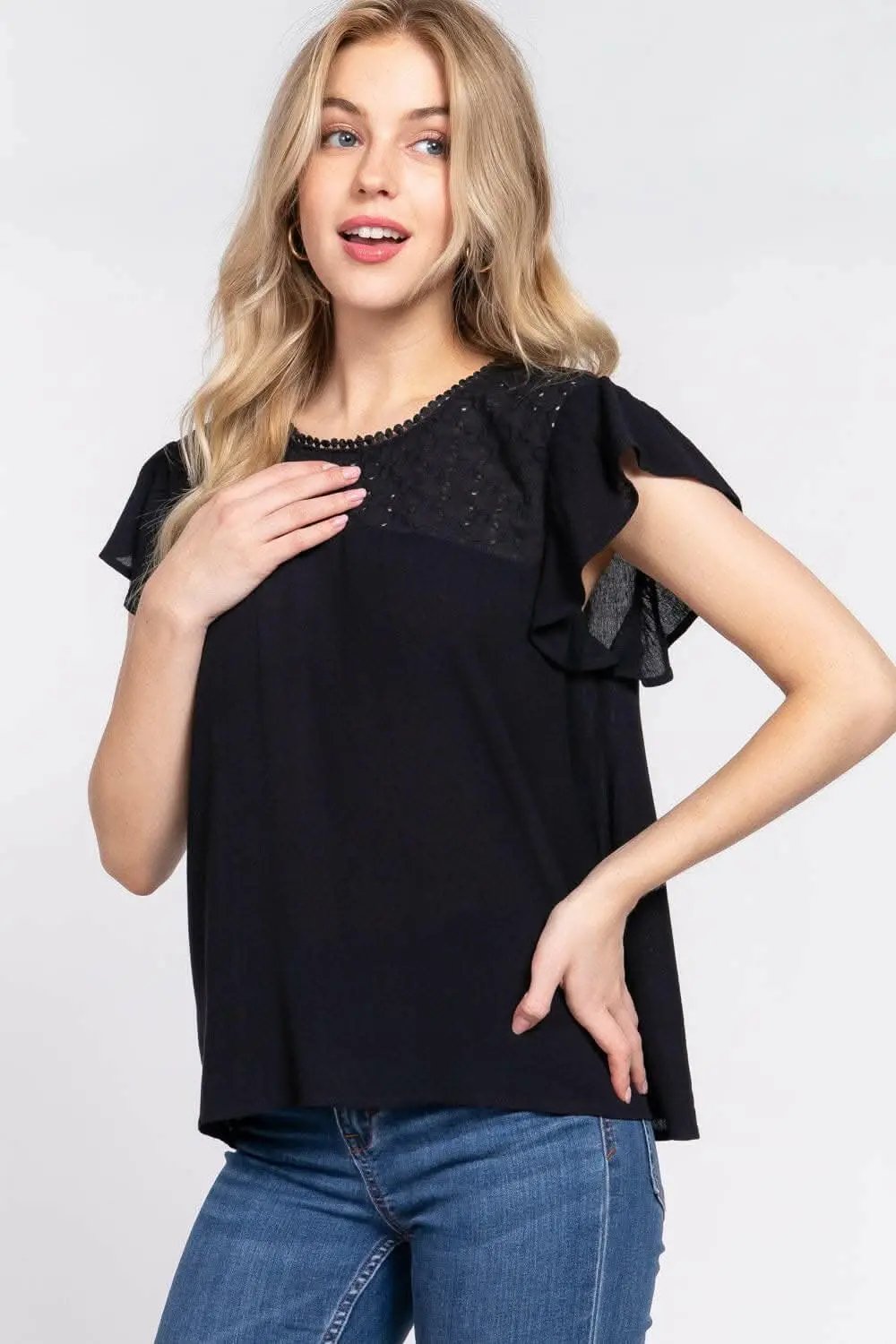 Trendsi Crochet Blouse Ruffle Short Sleeve — Women's Active Casual Top
