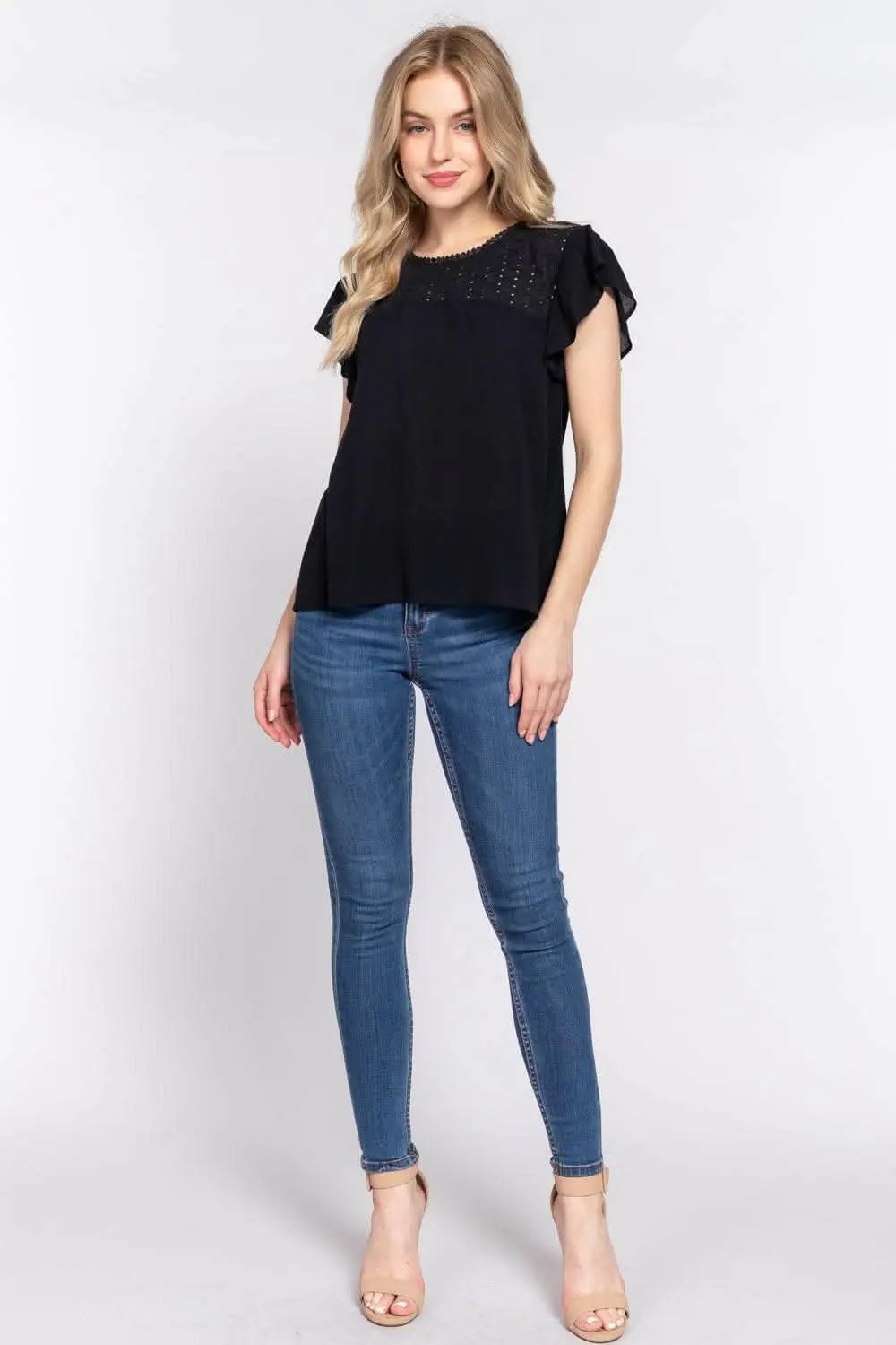Trendsi Crochet Blouse Ruffle Short Sleeve — Women's Active Casual Top