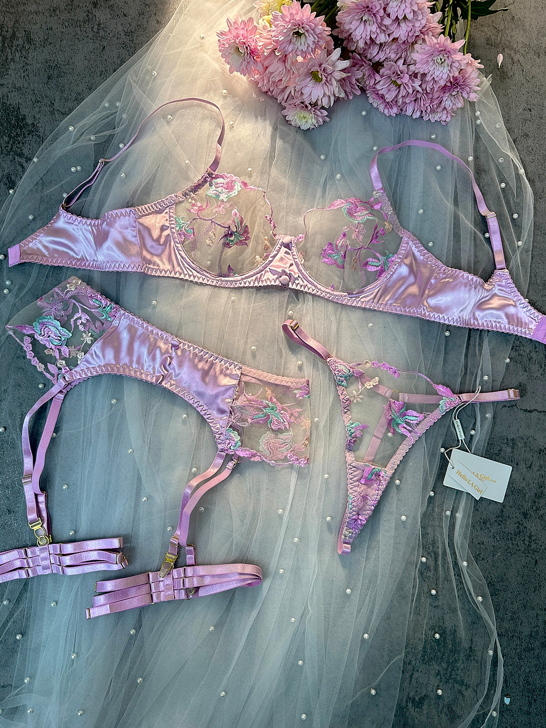 Mesh Embroidered  Floral Lingerie Set