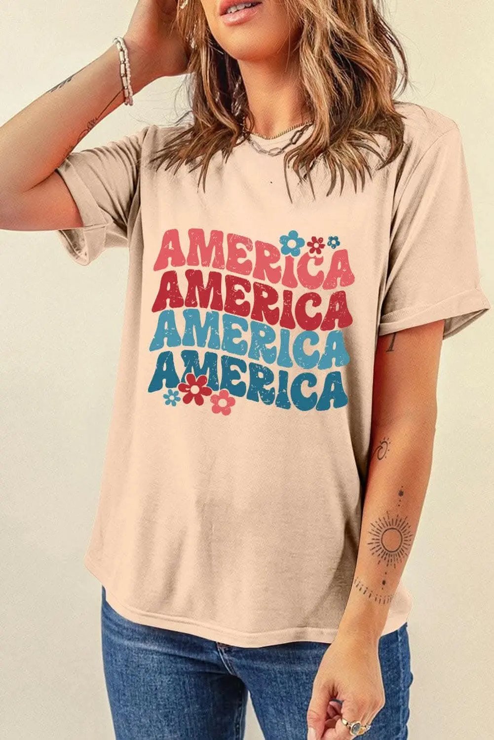 T-Shirts Trendsi America Classic Graphic Tee - Round Neck, Short Sleeve, Comfor