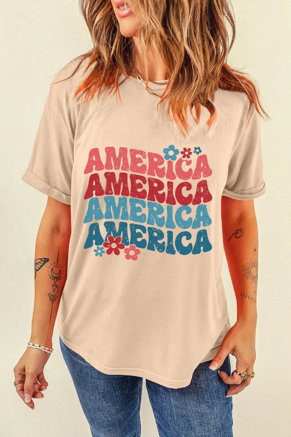 T-Shirts Trendsi America Classic Graphic Tee - Round Neck, Short Sleeve, Comfor