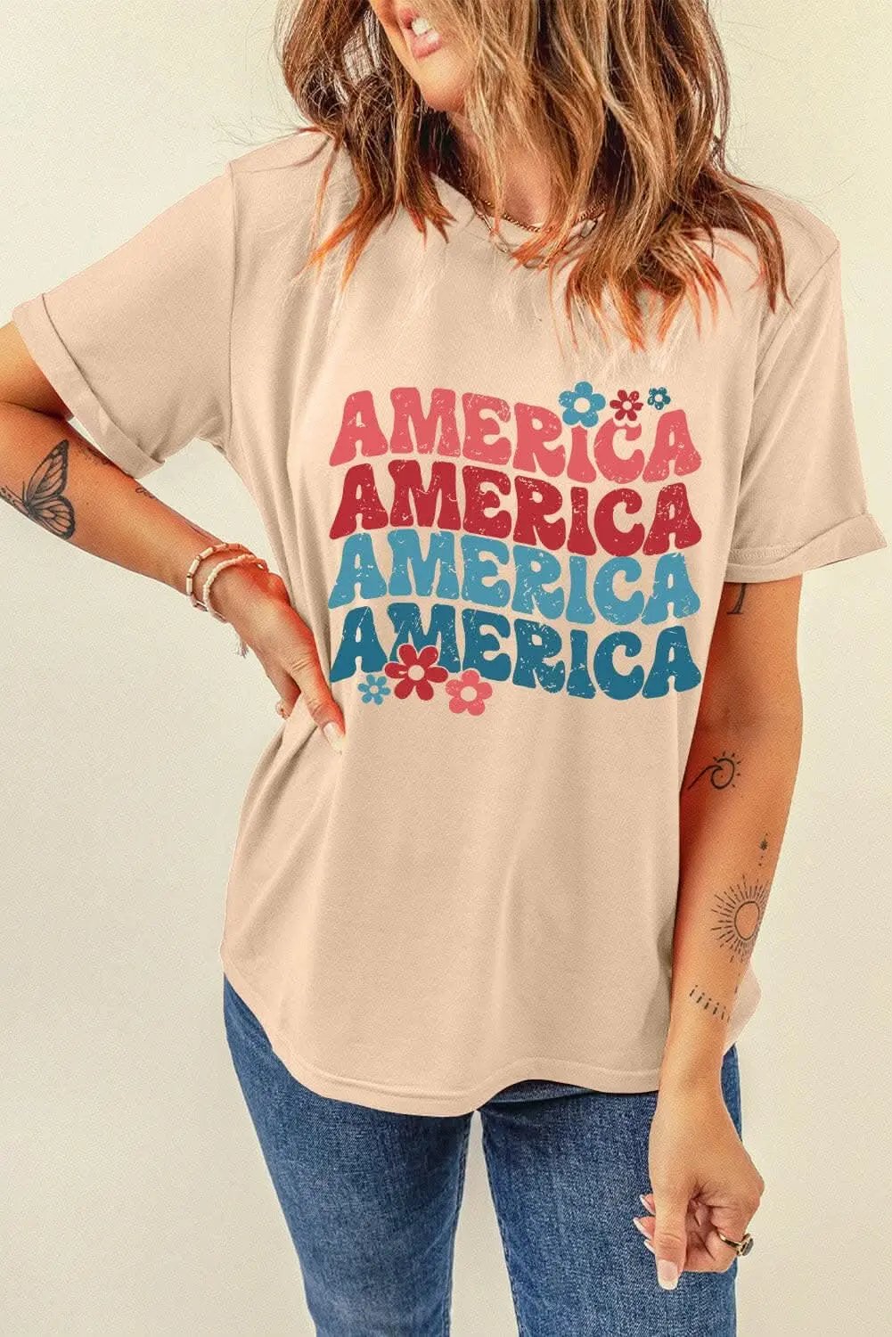 T-Shirts Trendsi America Classic Graphic Tee - Round Neck, Short Sleeve, Comfor