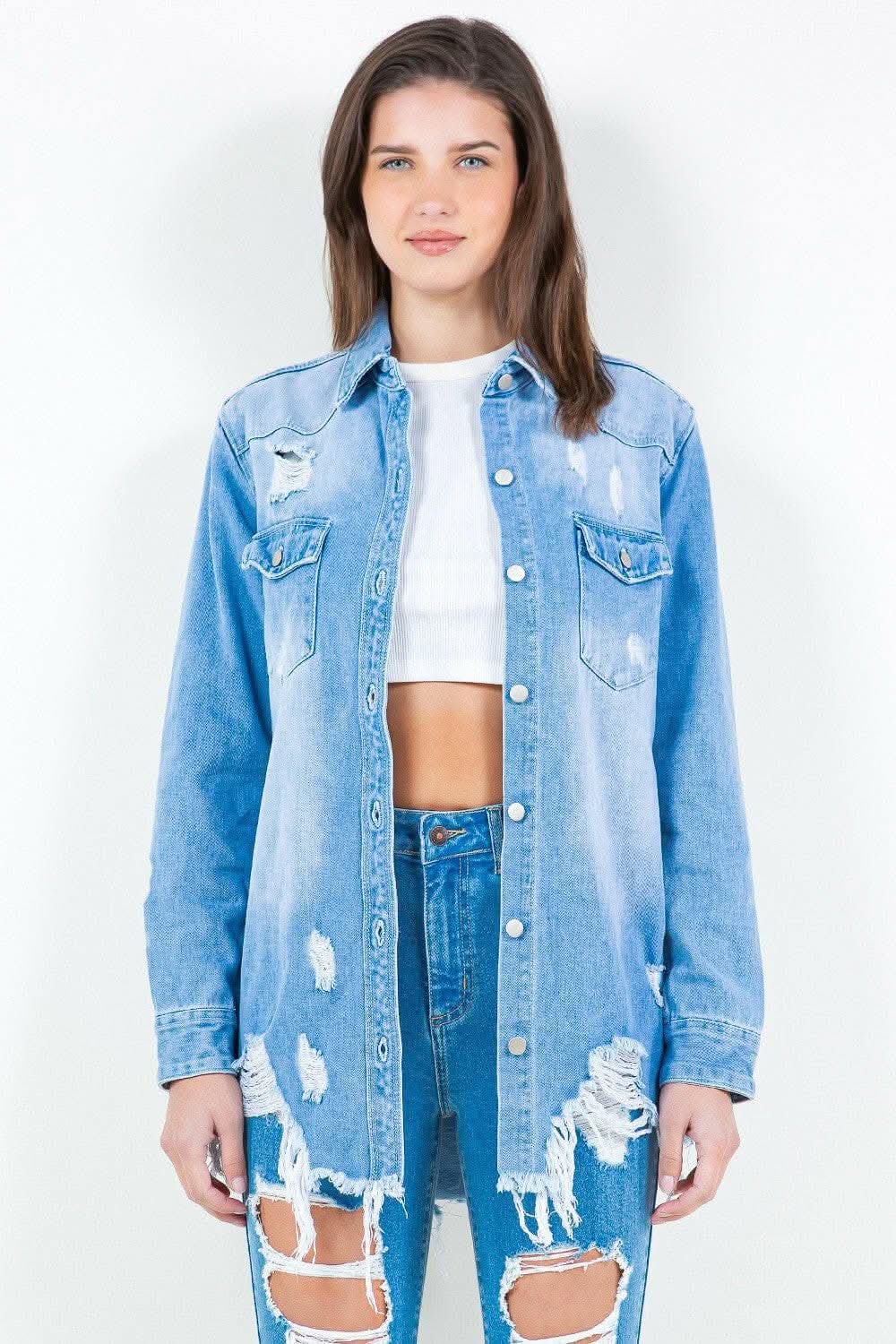 Jackets Trendsi American Bazi Frayed Denim Shirt Jacket Light Blue Small
