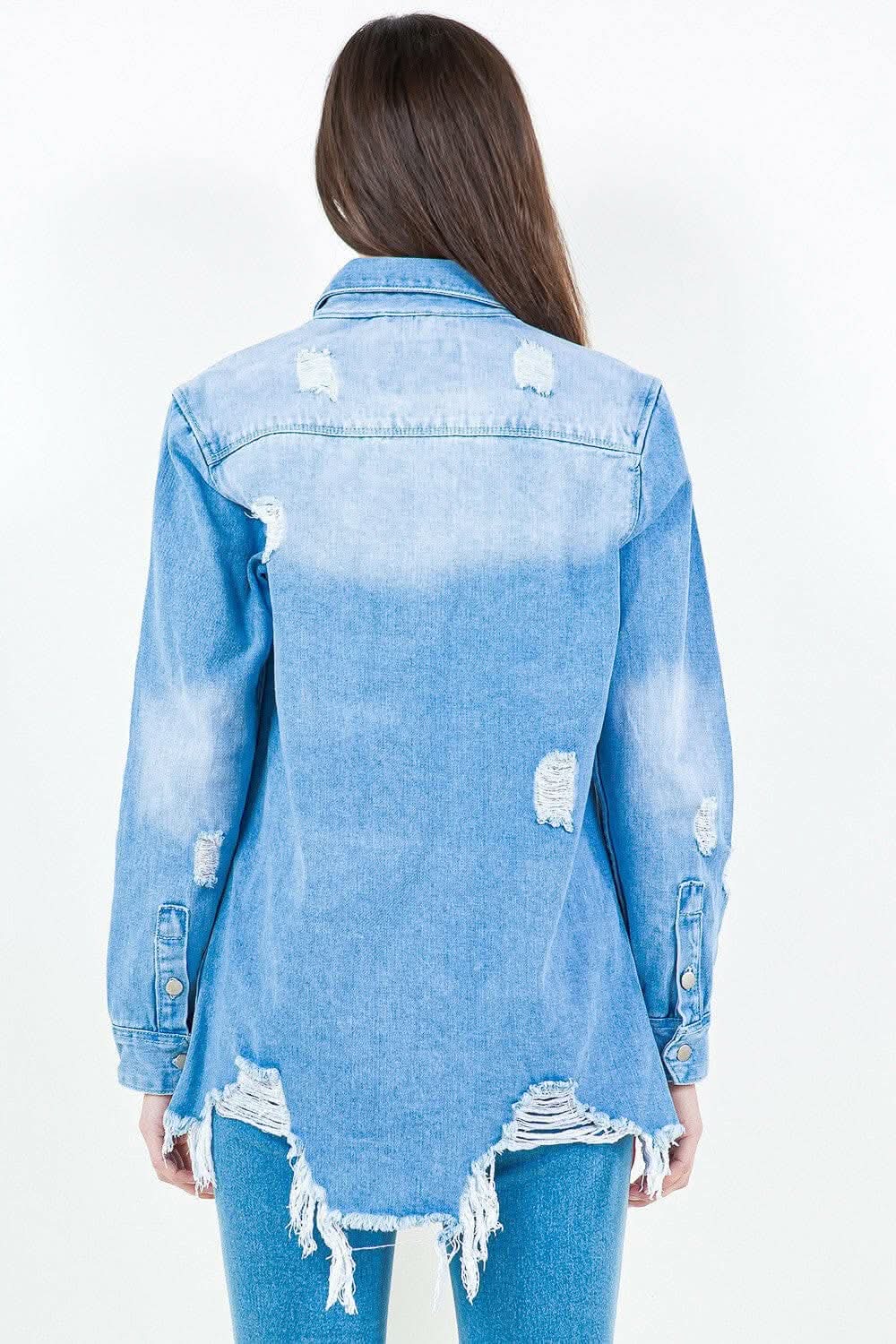 Jackets Trendsi American Bazi Frayed Denim Shirt Jacket Light Blue Small