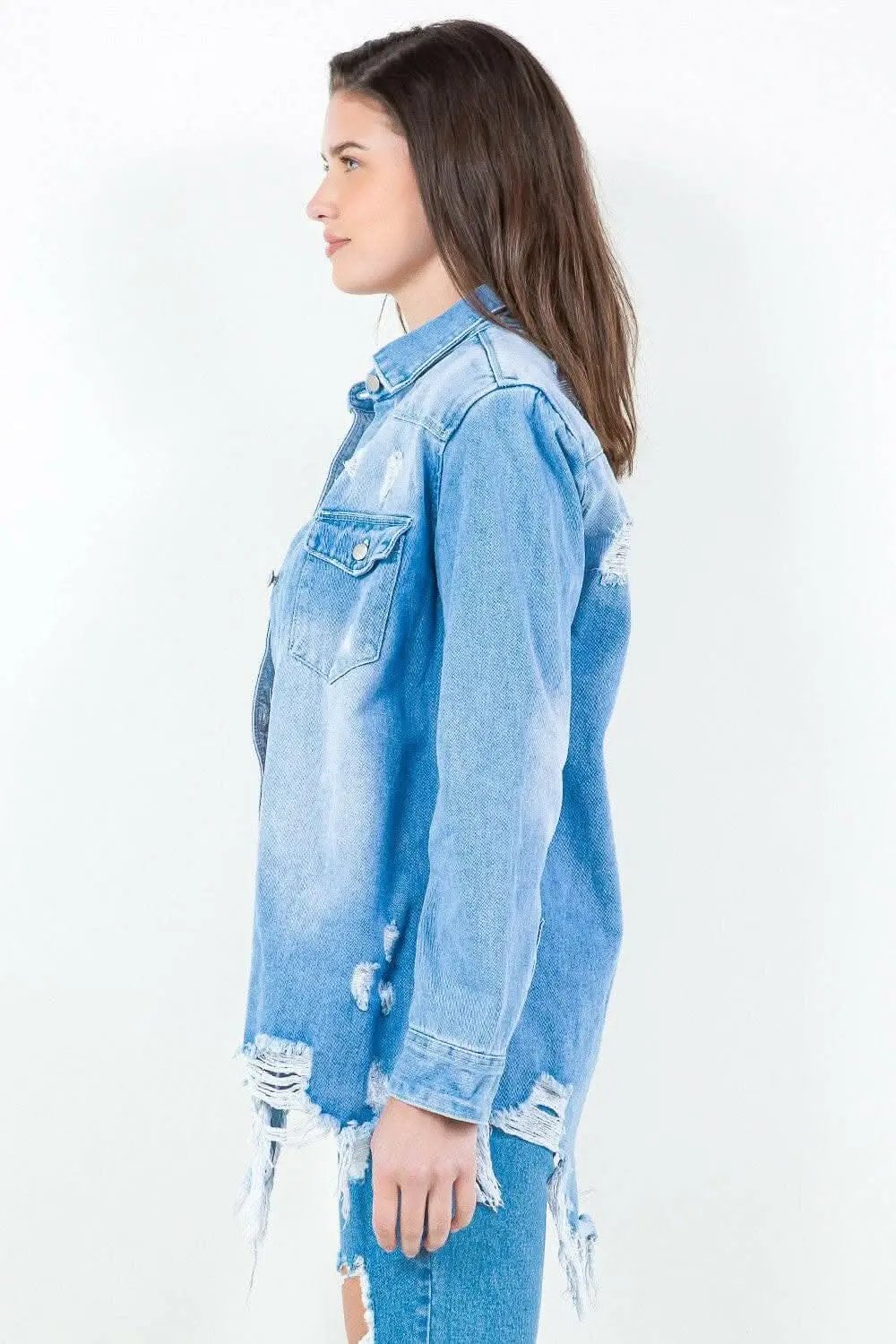 Jackets Trendsi American Bazi Frayed Denim Shirt Jacket Light Blue Small