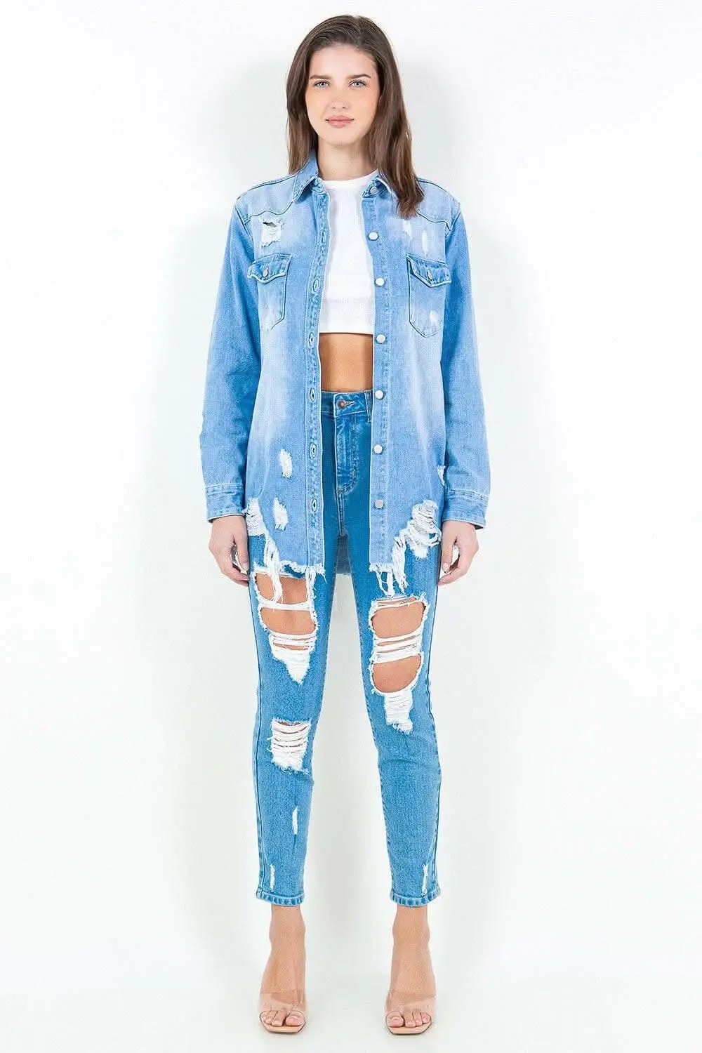 Jackets Trendsi American Bazi Frayed Denim Shirt Jacket Light Blue Small