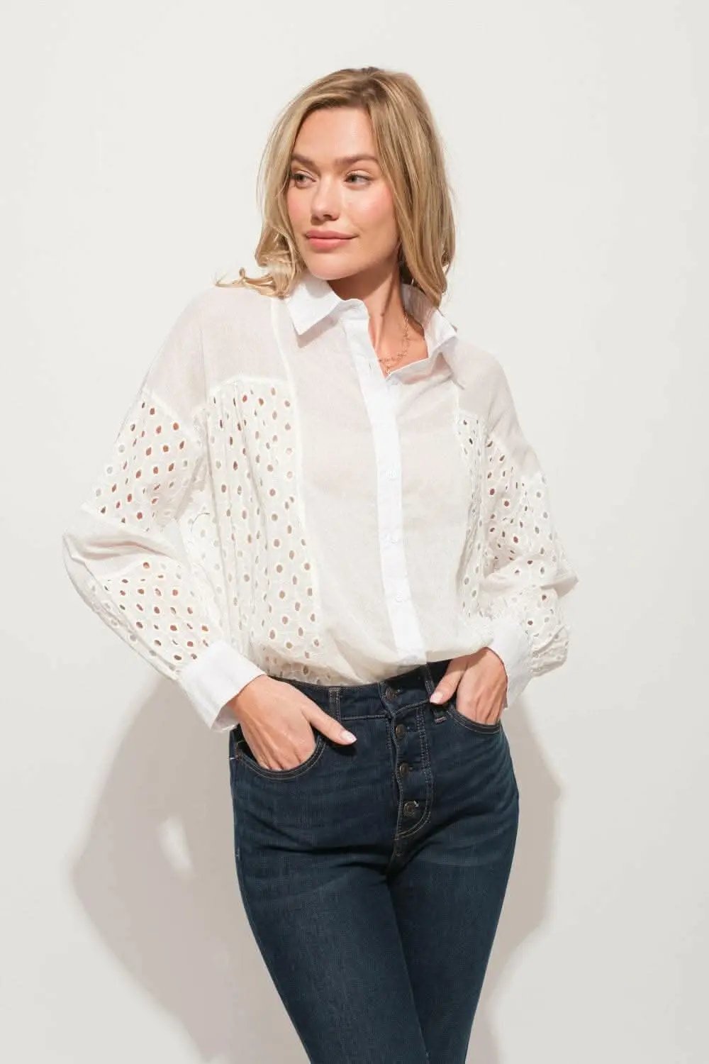 Pants Trendsi And The Why Eyelet Long Sleeve Button Down Shirt - USA Design,