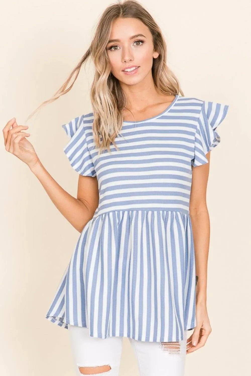 Pants Trendsi BOMBOM Striped Round Neck Blouse - Women's