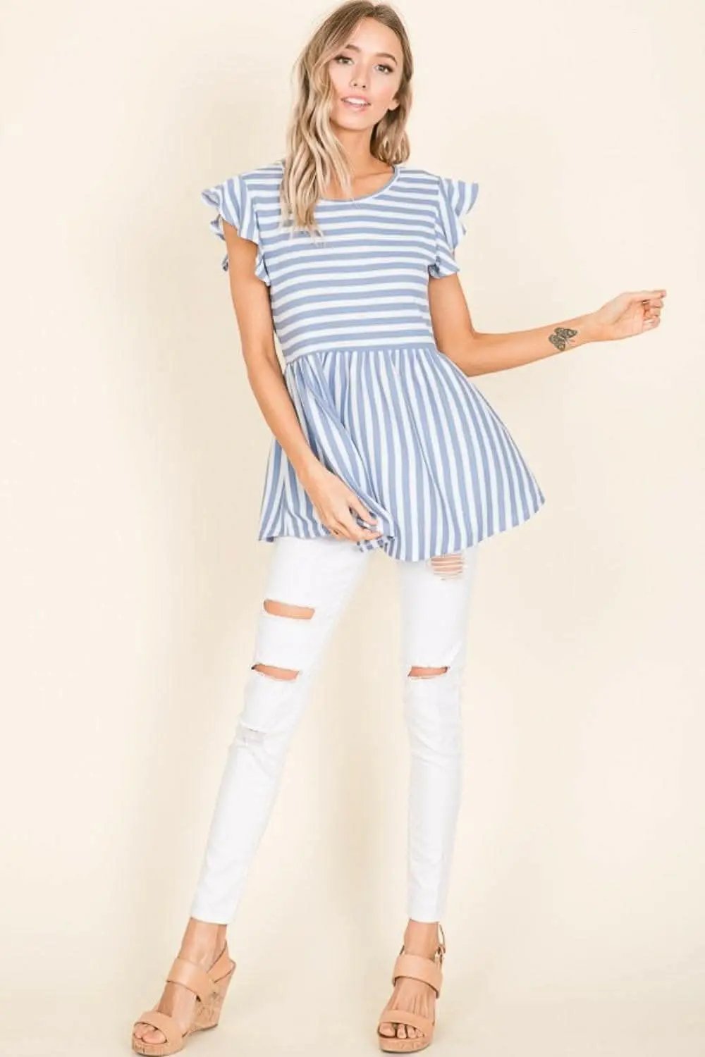 Pants Trendsi BOMBOM Striped Round Neck Blouse - Women's