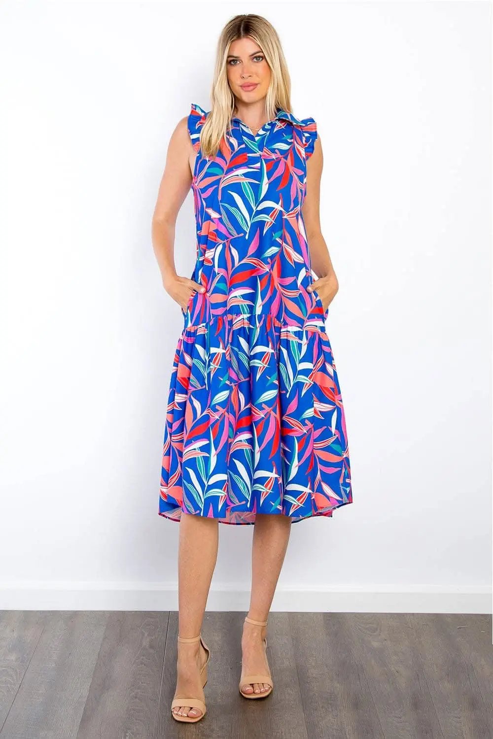 Dresses Trendsi Be Stage Print Ruffled Midi Dress with Pockets Chic