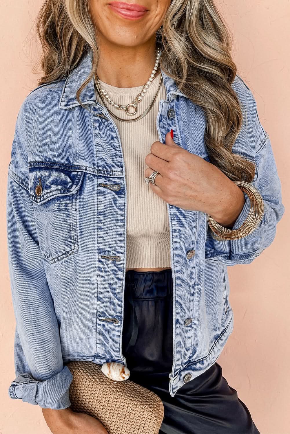 Jackets Love Salve  Beau Blue Vintage Washed Flap Pockets Denim