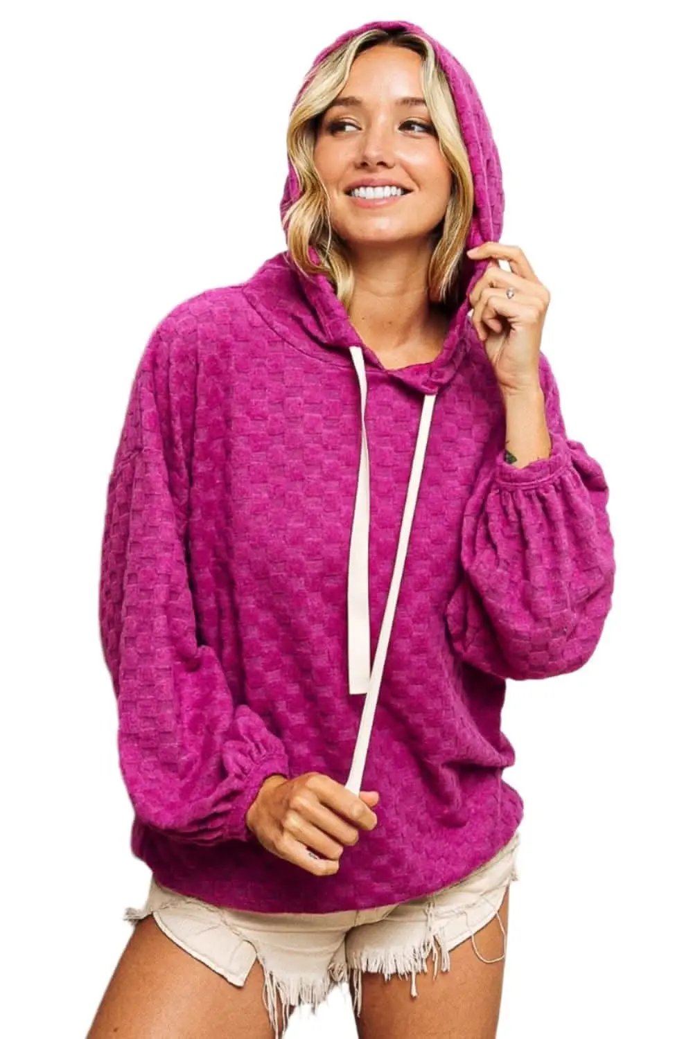 Trendsi Magenta Checker Hoodie Brushed Drawstring