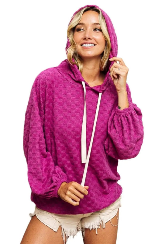 Trendsi Magenta Checker Hoodie Brushed Drawstring