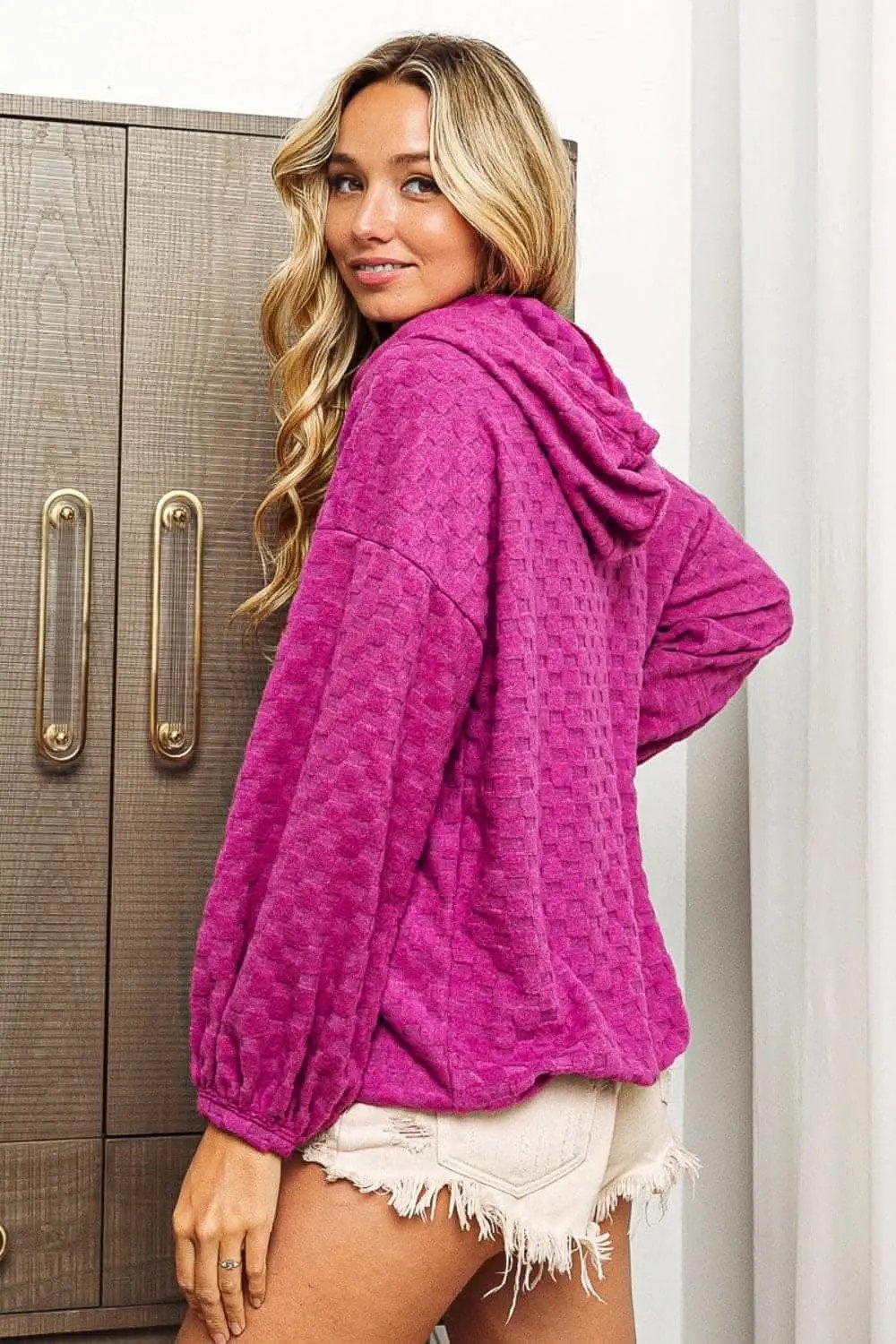Trendsi Magenta Checker Hoodie Brushed Drawstring