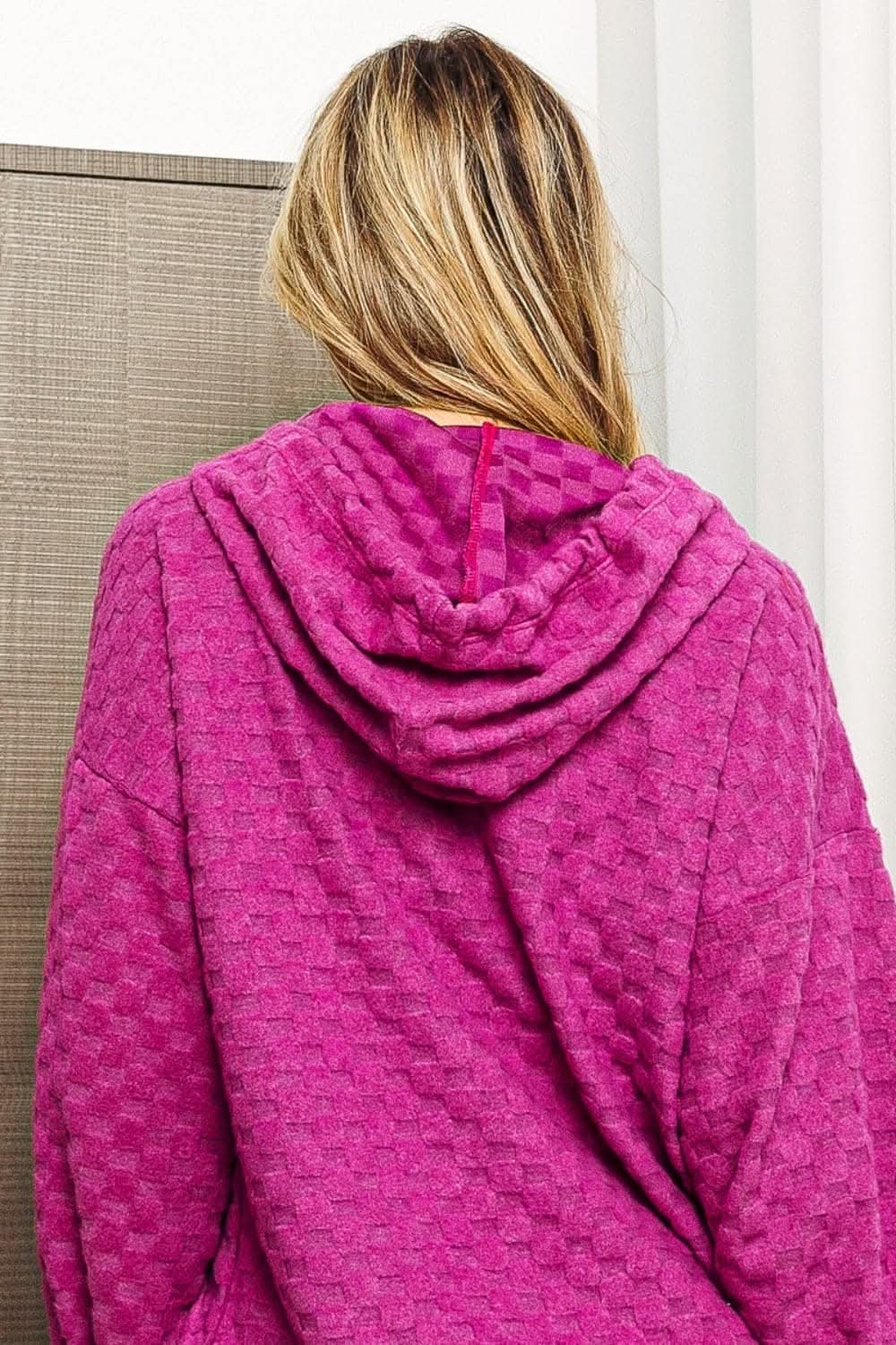 Trendsi Magenta Checker Hoodie Brushed Drawstring