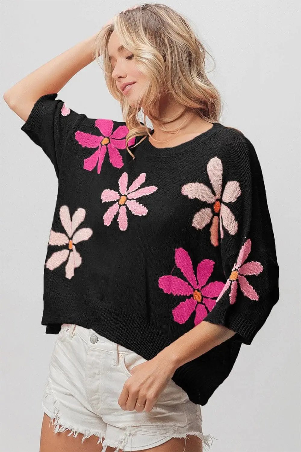 Trendsi Floral Cropped Sweater in Black/Pink