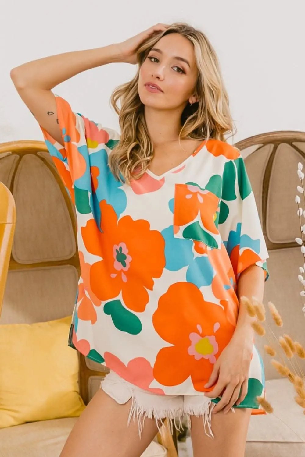 Pants Trendsi BiBi Floral V Neck Slit Side T-Shirt