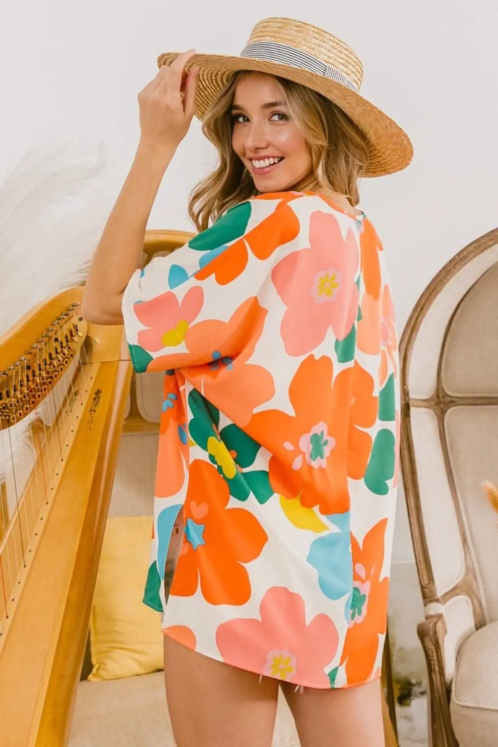 Pants Trendsi BiBi Floral V Neck Slit Side T-Shirt