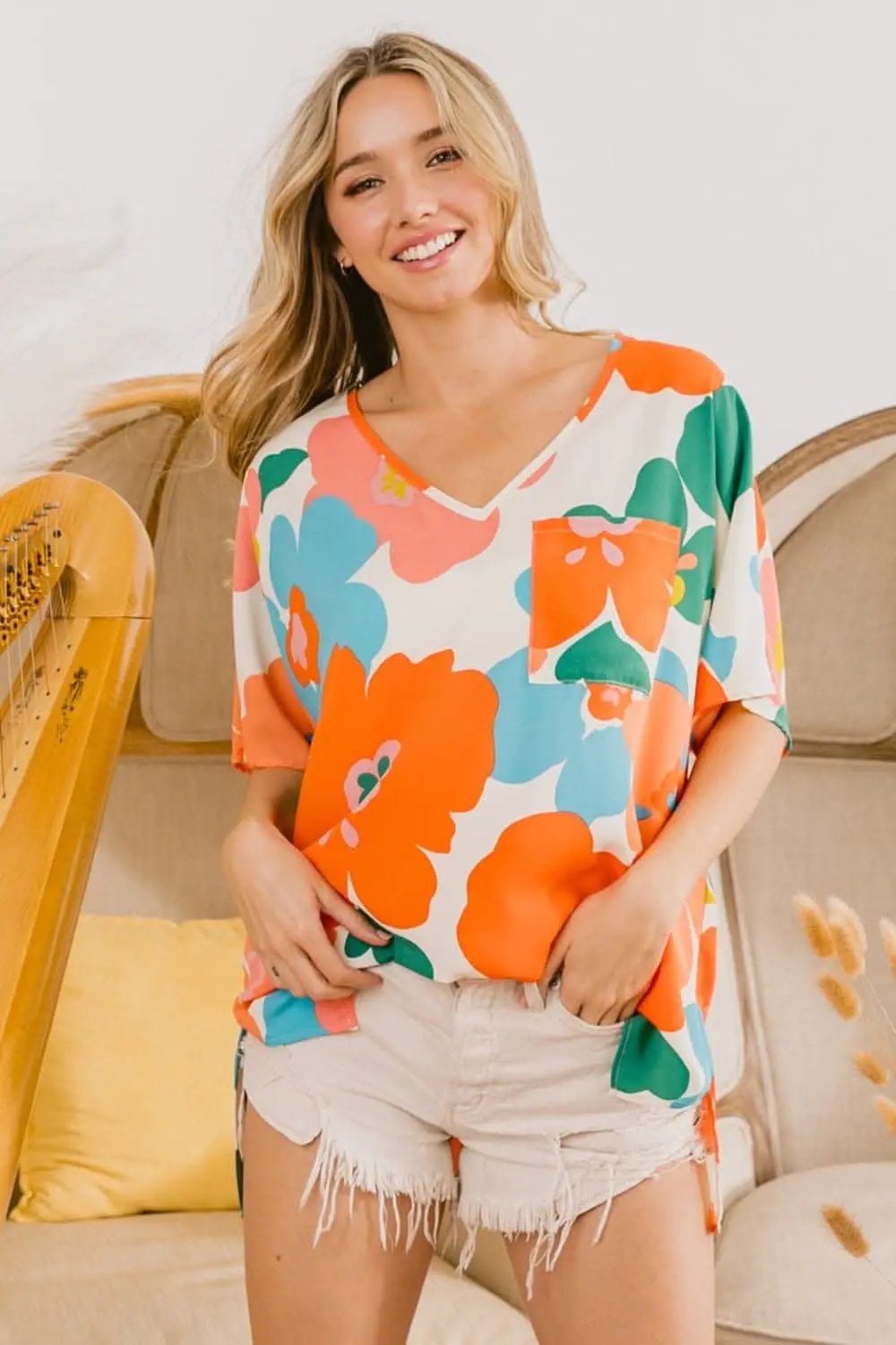 Pants Trendsi BiBi Floral V Neck Slit Side T-Shirt