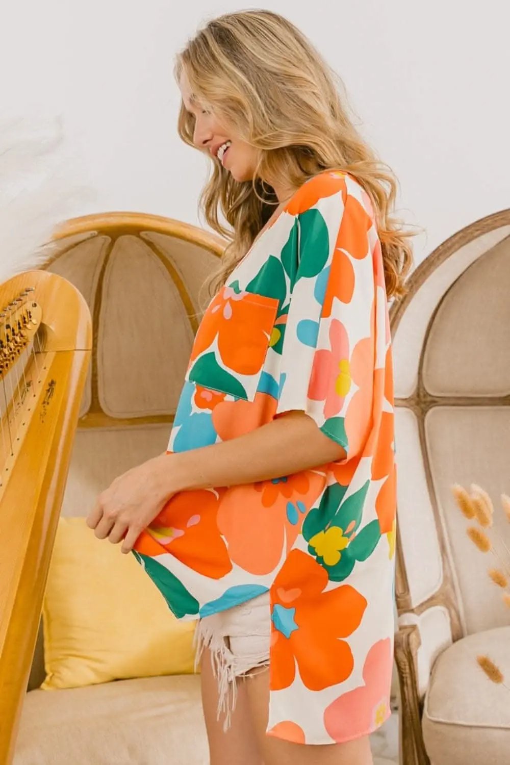 Pants Trendsi BiBi Floral V Neck Slit Side T-Shirt