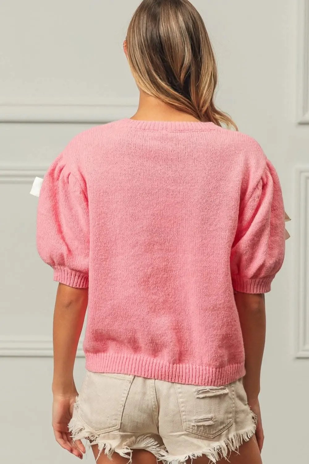 Sweaters Trendsi Ribbon Bow Sweater Women's Cute Knit Top Puff Sleeve, USA Ship