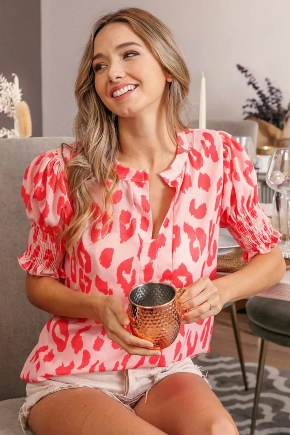 Trendsi Leopard Smocked Blouse Long Sleeve — Casual Fall Top