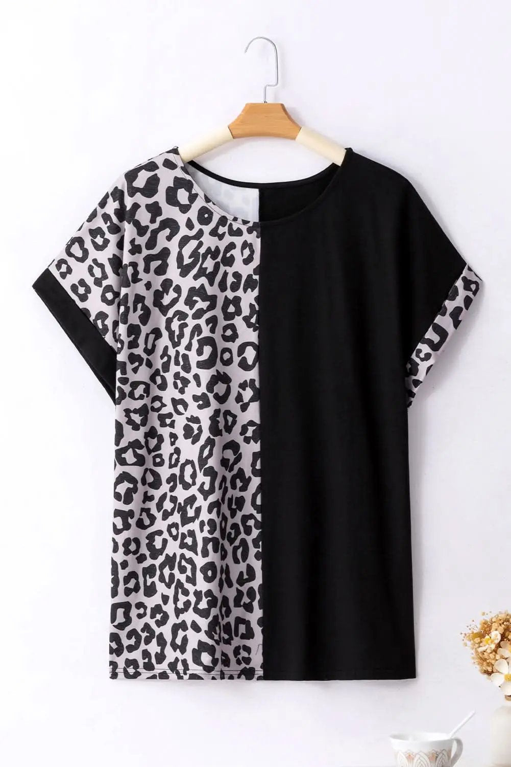 Shorts Love Salve Black Leopard Patchwork Women's Plus Size Tee - Trendy, Comfy T-Shirt