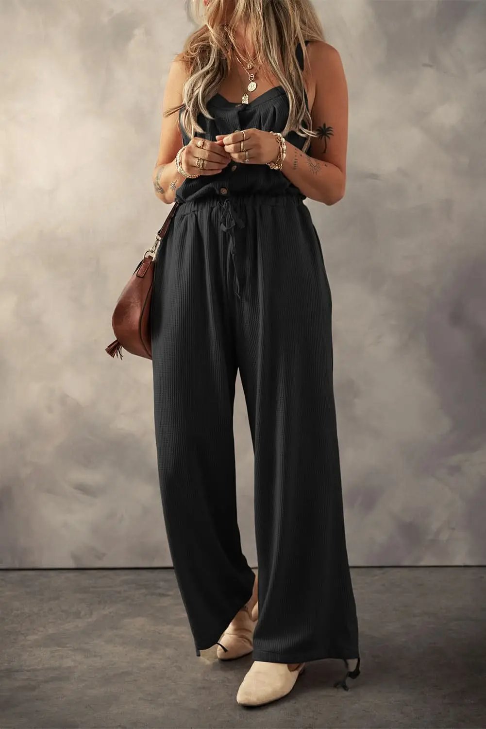 Love Salve Black Wide Leg Jumpsuit — Summer Drawstring Romper