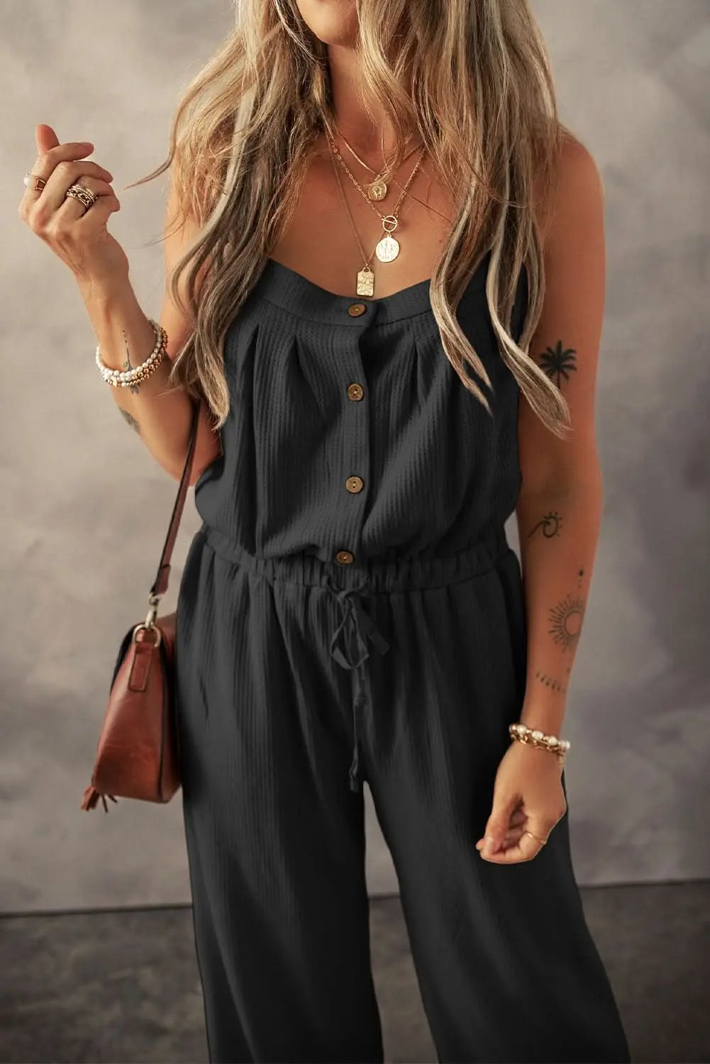 Love Salve Black Wide Leg Jumpsuit — Summer Drawstring Romper