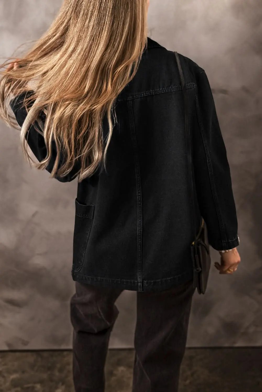 Jackets Love Salve Black Denim Jacket Women's Daily Casual Lapel Collar Side Pockets